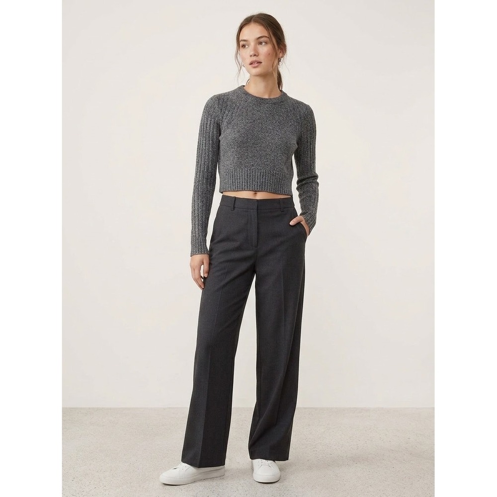 Babaton Aritzia Grey Cropped Ribbed Wool Linen Blend Crewneck Sweater Small